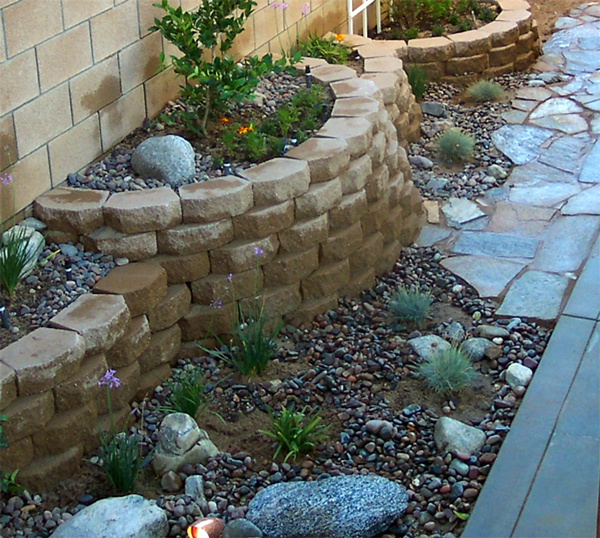 Tiered block retaining walls planted with desert plants